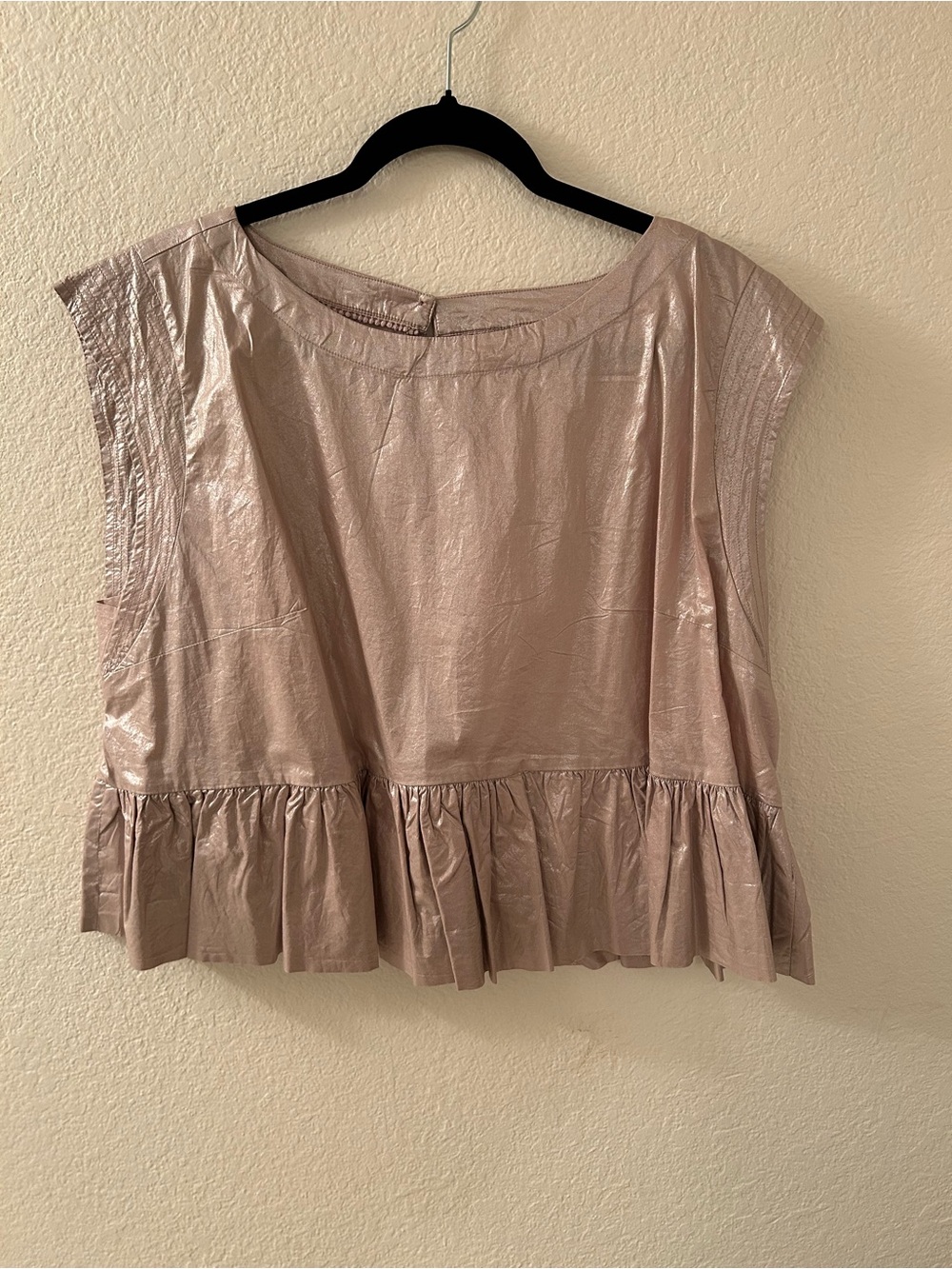 Anthropologie Metallic Rose Cap-Sleeve Ruffle Hem Top